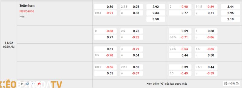 Tỷ lệ kèo trận đấu giữa Tottenham vs Newcastle